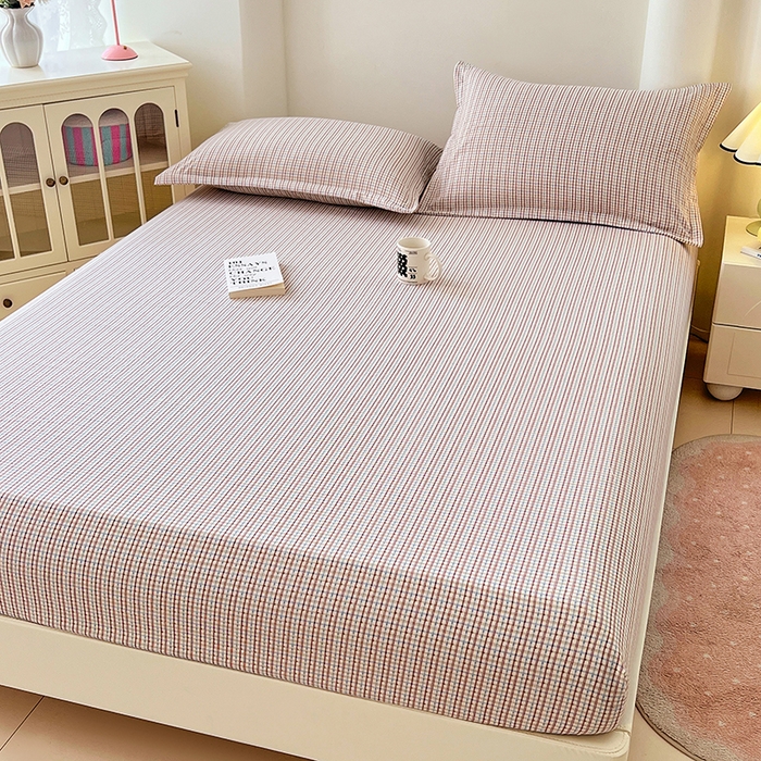 91家纺网 家纺一手货源 找家纺 梦舒羽 2025新款双层纱格子床笠防滑床罩床垫保护套榻榻米宿舍三件套 常规款-魅力蓝咖