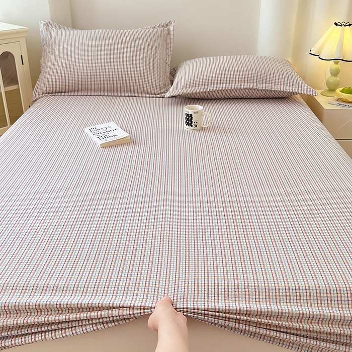 91家纺网 家纺一手货源 找家纺 梦舒羽 2025新款双层纱格子床笠防滑床罩床垫保护套榻榻米宿舍三件套 常规款-魅力蓝咖