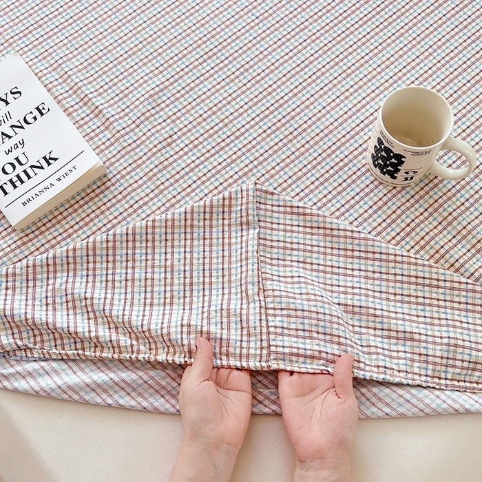 91家纺网 家纺一手货源 找家纺 梦舒羽 2025新款双层纱格子床笠防滑床罩床垫保护套榻榻米宿舍三件套 常规款-魅力蓝咖