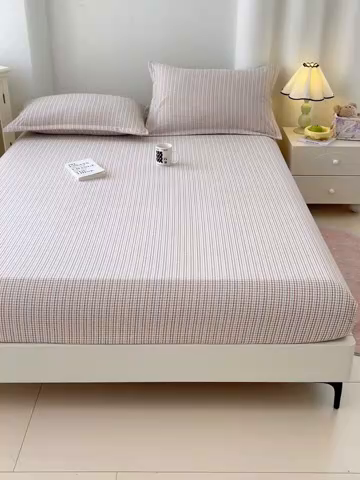 91家纺网 家纺一手货源 找家纺 梦舒羽 2025新款双层纱格子床笠防滑床罩床垫保护套榻榻米宿舍三件套 常规款-魅力蓝咖