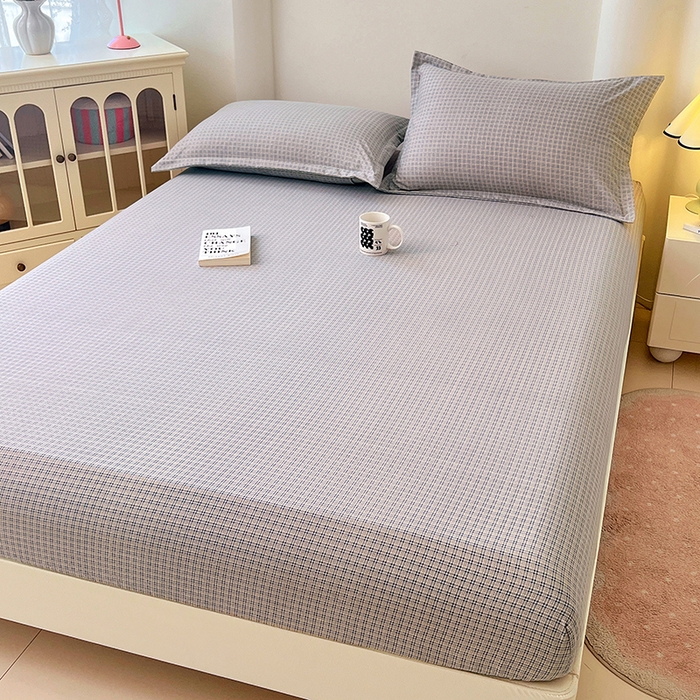 91家纺网 家纺一手货源 找家纺 梦舒羽 2025新款双层纱格子床笠防滑床罩床垫保护套榻榻米宿舍三件套 常规款-明古灰格