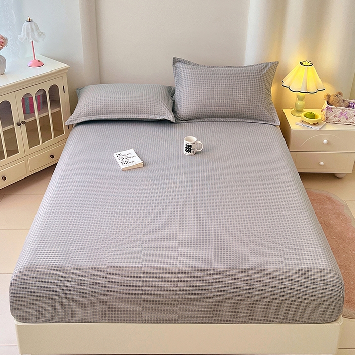 91家纺网 家纺一手货源 找家纺 梦舒羽 2025新款双层纱格子床笠防滑床罩床垫保护套榻榻米宿舍三件套 常规款-明古灰格