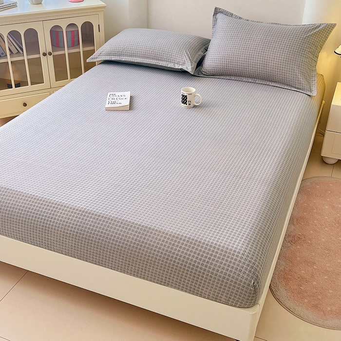 91家纺网 家纺一手货源 找家纺 梦舒羽 2025新款双层纱格子床笠防滑床罩床垫保护套榻榻米宿舍三件套 常规款-明古灰格