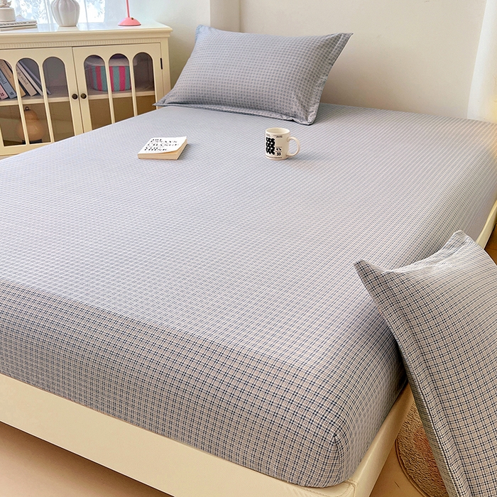 91家纺网 家纺一手货源 找家纺 梦舒羽 2025新款双层纱格子床笠防滑床罩床垫保护套榻榻米宿舍三件套 常规款-明古灰格