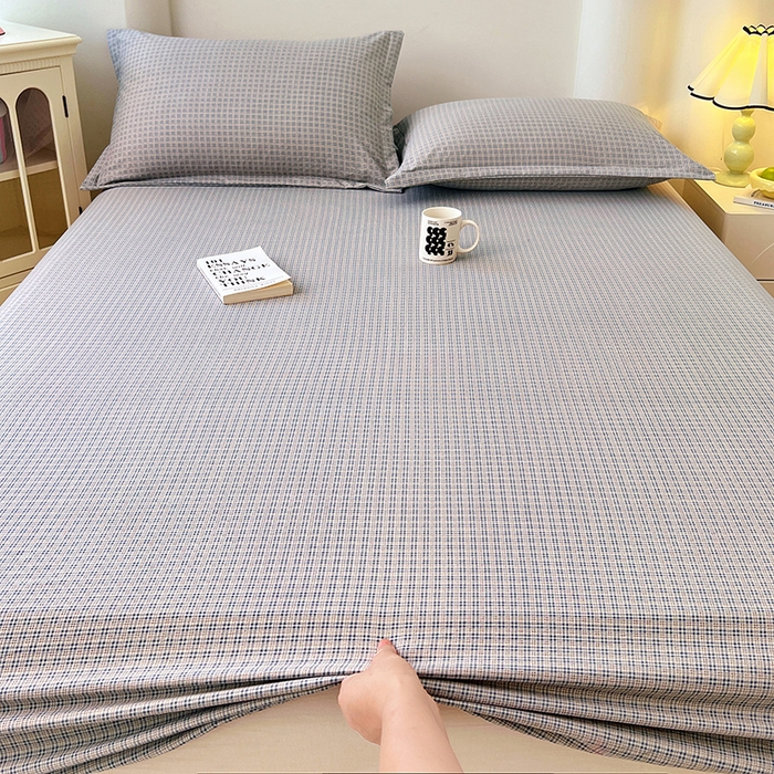 91家纺网 家纺一手货源 找家纺 梦舒羽 2025新款双层纱格子床笠防滑床罩床垫保护套榻榻米宿舍三件套 常规款-明古灰格