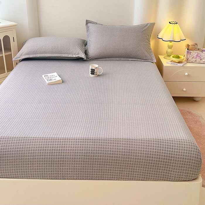 91家纺网 家纺一手货源 找家纺 梦舒羽 2025新款双层纱格子床笠防滑床罩床垫保护套榻榻米宿舍三件套 常规款-明古灰格