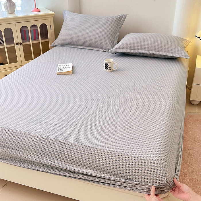91家纺网 家纺一手货源 找家纺 梦舒羽 2025新款双层纱格子床笠防滑床罩床垫保护套榻榻米宿舍三件套 常规款-明古灰格