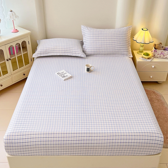 91家纺网 家纺一手货源 找家纺 梦舒羽 2025新款双层纱格子床笠防滑床罩床垫保护套榻榻米宿舍三件套 常规款-天空蓝格