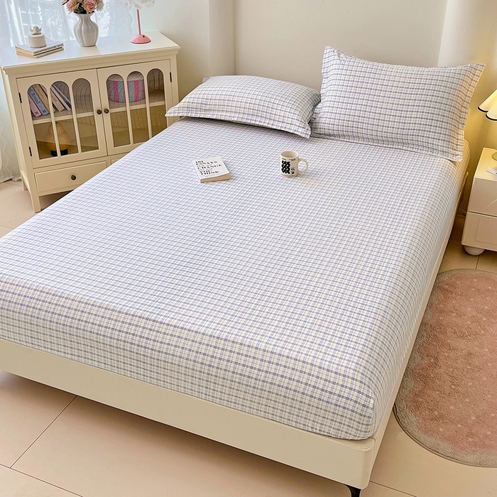 91家纺网 家纺一手货源 找家纺 梦舒羽 2025新款双层纱格子床笠防滑床罩床垫保护套榻榻米宿舍三件套 常规款-天空蓝格