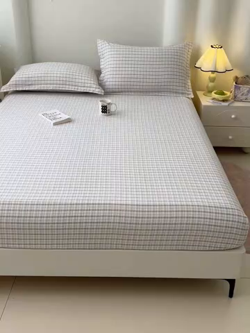 91家纺网 家纺一手货源 找家纺 梦舒羽 2025新款双层纱格子床笠防滑床罩床垫保护套榻榻米宿舍三件套 常规款-天空蓝格