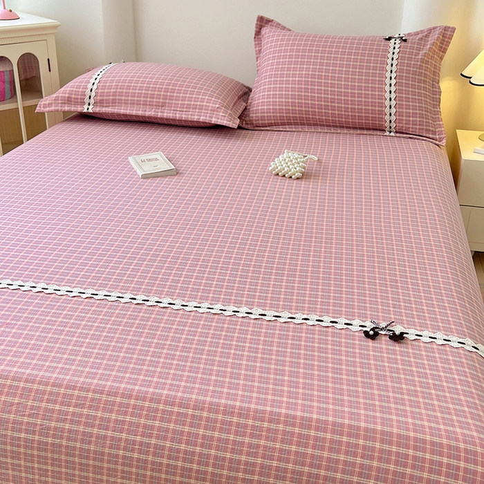 91家纺网 家纺一手货源 找家纺 （总）梦舒羽 2025新款双层纱格子花边床笠防滑蕾丝床罩床垫保护套榻榻米宿舍三件套