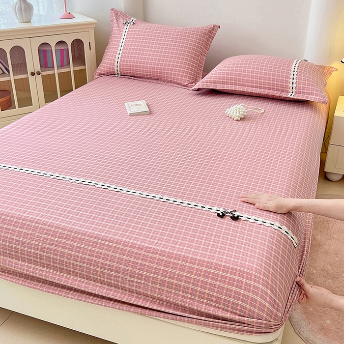 91家纺网 家纺一手货源 找家纺 （总）梦舒羽 2025新款双层纱格子花边床笠防滑蕾丝床罩床垫保护套榻榻米宿舍三件套