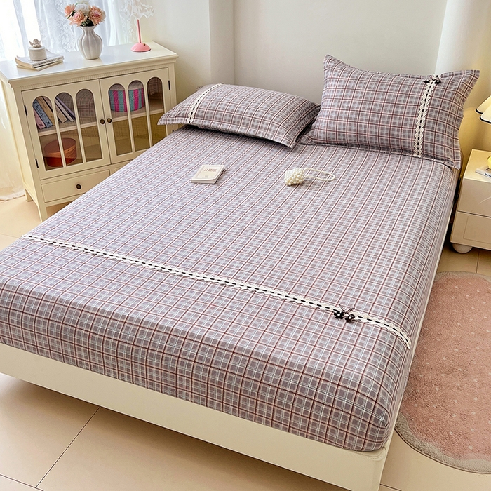 91家纺网 家纺一手货源 找家纺 梦舒羽 2025新款双层纱格子花边床笠防滑蕾丝床罩床垫保护套榻榻米宿舍三件套 花边款-洛卡深灰