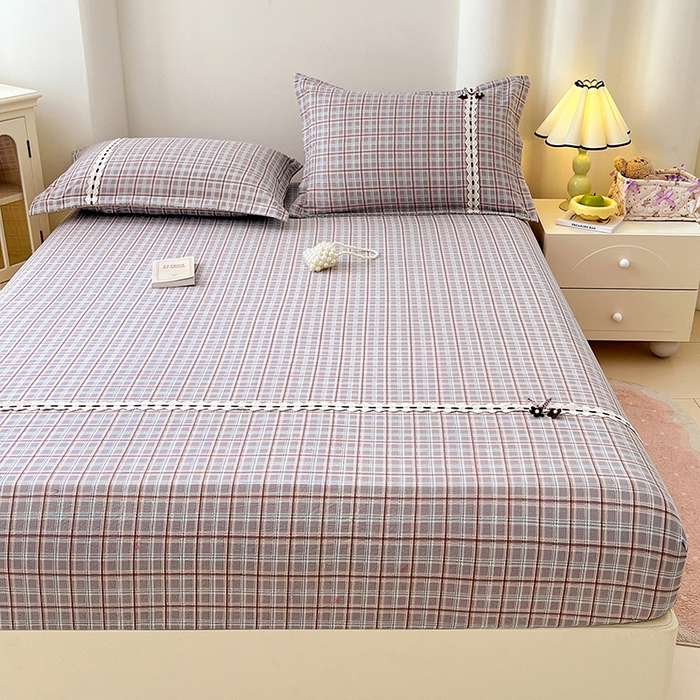 91家纺网 家纺一手货源 找家纺 梦舒羽 2025新款双层纱格子花边床笠防滑蕾丝床罩床垫保护套榻榻米宿舍三件套 花边款-洛卡深灰