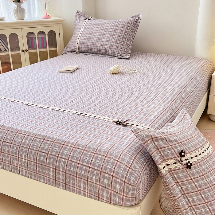 91家纺网 家纺一手货源 找家纺 梦舒羽 2025新款双层纱格子花边床笠防滑蕾丝床罩床垫保护套榻榻米宿舍三件套 花边款-洛卡深灰