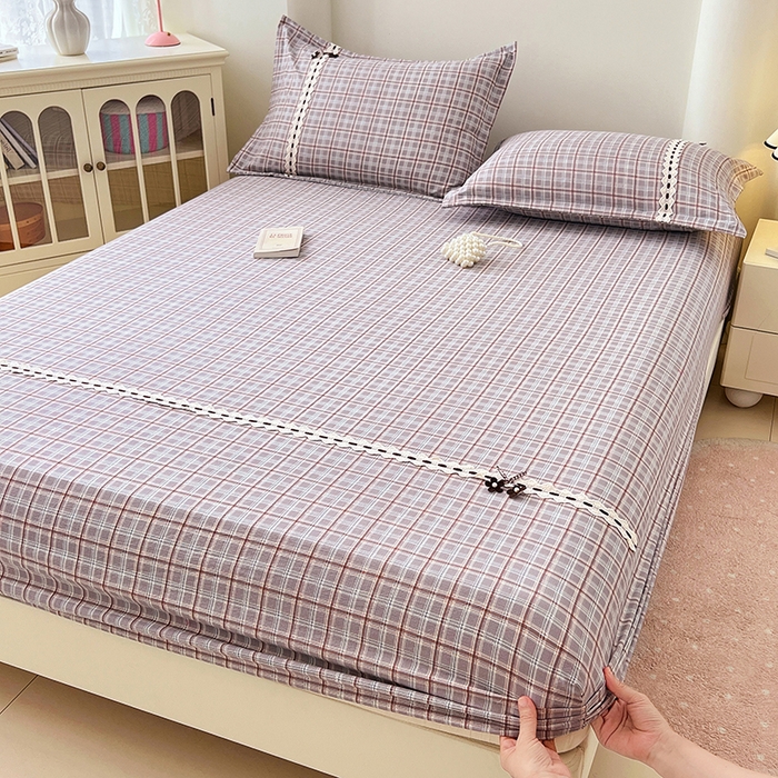 91家纺网 家纺一手货源 找家纺 梦舒羽 2025新款双层纱格子花边床笠防滑蕾丝床罩床垫保护套榻榻米宿舍三件套 花边款-洛卡深灰