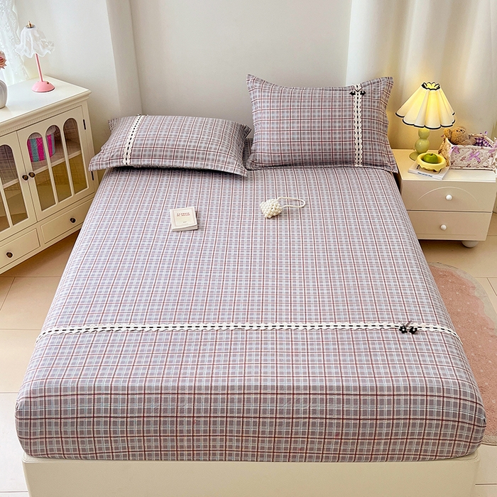 91家纺网 家纺一手货源 找家纺 梦舒羽 2025新款双层纱格子花边床笠防滑蕾丝床罩床垫保护套榻榻米宿舍三件套 花边款-洛卡深灰