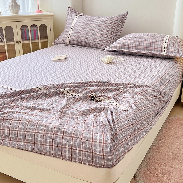 91家纺网 家纺一手货源 找家纺 梦舒羽 2025新款双层纱格子花边床笠防滑蕾丝床罩床垫保护套榻榻米宿舍三件套 花边款-洛卡深灰