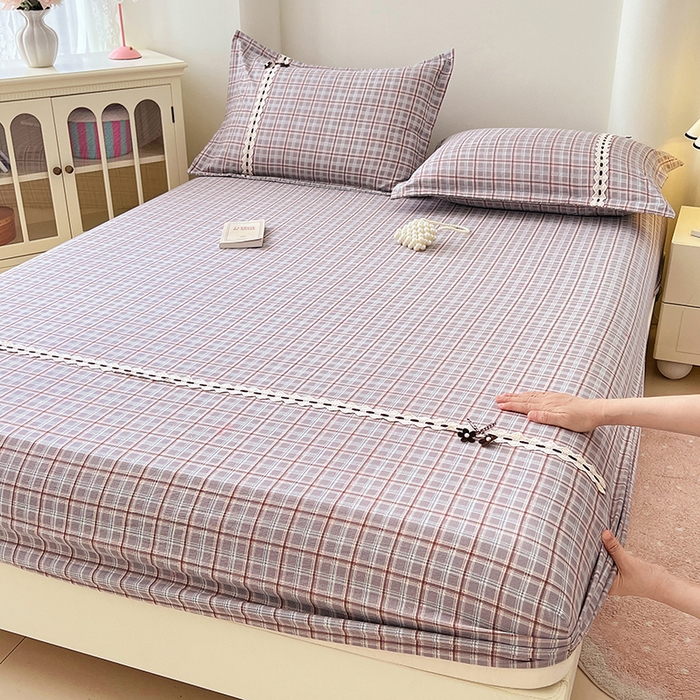 91家纺网 家纺一手货源 找家纺 梦舒羽 2025新款双层纱格子花边床笠防滑蕾丝床罩床垫保护套榻榻米宿舍三件套 花边款-洛卡深灰