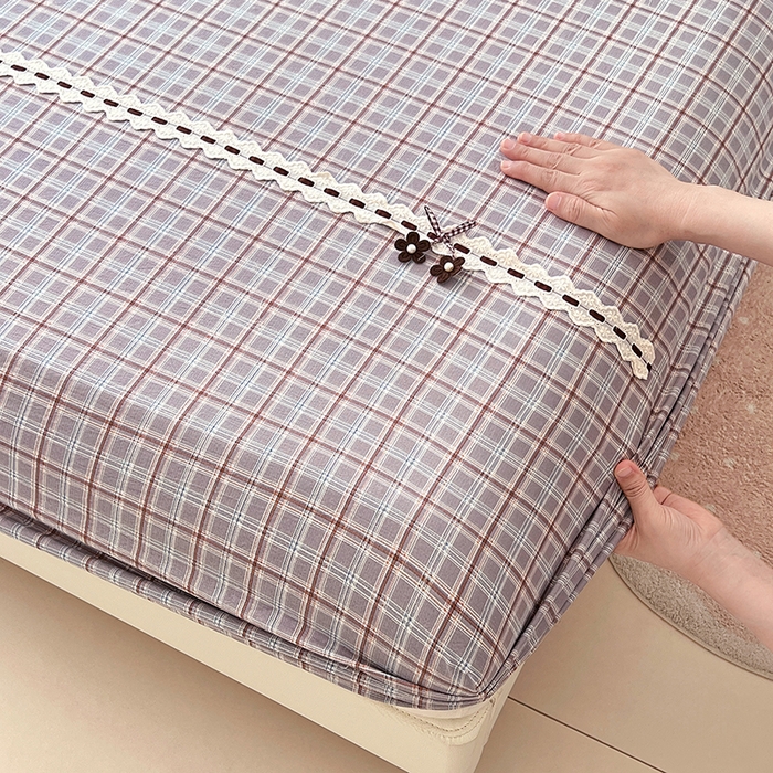 91家纺网 家纺一手货源 找家纺 梦舒羽 2025新款双层纱格子花边床笠防滑蕾丝床罩床垫保护套榻榻米宿舍三件套 花边款-洛卡深灰