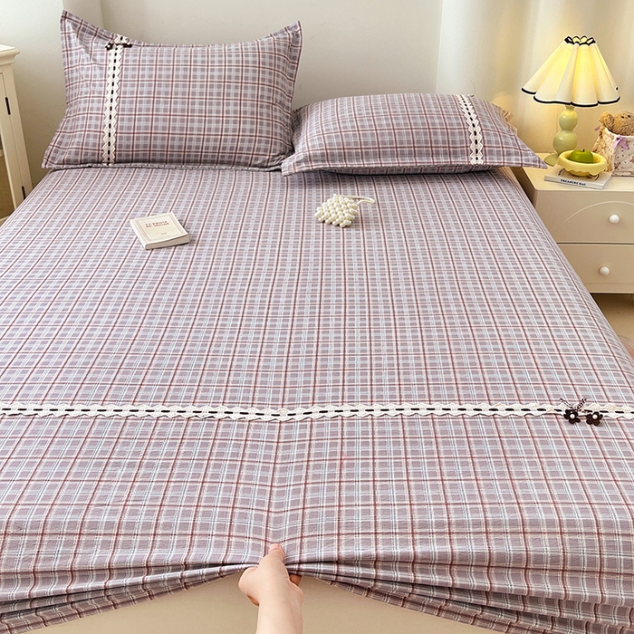 91家纺网 家纺一手货源 找家纺 梦舒羽 2025新款双层纱格子花边床笠防滑蕾丝床罩床垫保护套榻榻米宿舍三件套 花边款-洛卡深灰