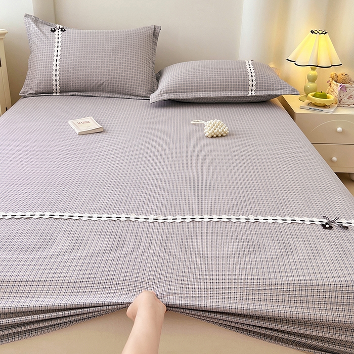 91家纺网 家纺一手货源 找家纺 梦舒羽 2025新款双层纱格子花边床笠防滑蕾丝床罩床垫保护套榻榻米宿舍三件套 花边款-明古灰格