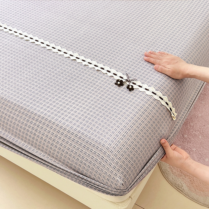 91家纺网 家纺一手货源 找家纺 梦舒羽 2025新款双层纱格子花边床笠防滑蕾丝床罩床垫保护套榻榻米宿舍三件套 花边款-明古灰格