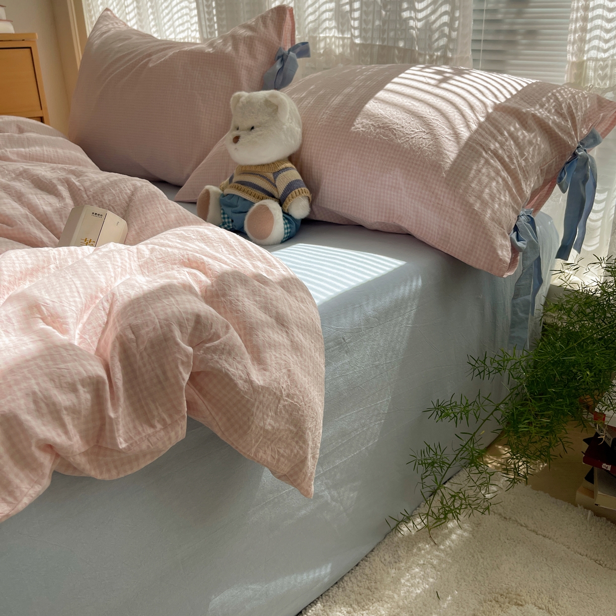 91家纺网 家纺一手货源 找家纺 繁花家居 2025新款超软少女手札系列学生季三件套四件套 少女-粉格+海盐蓝