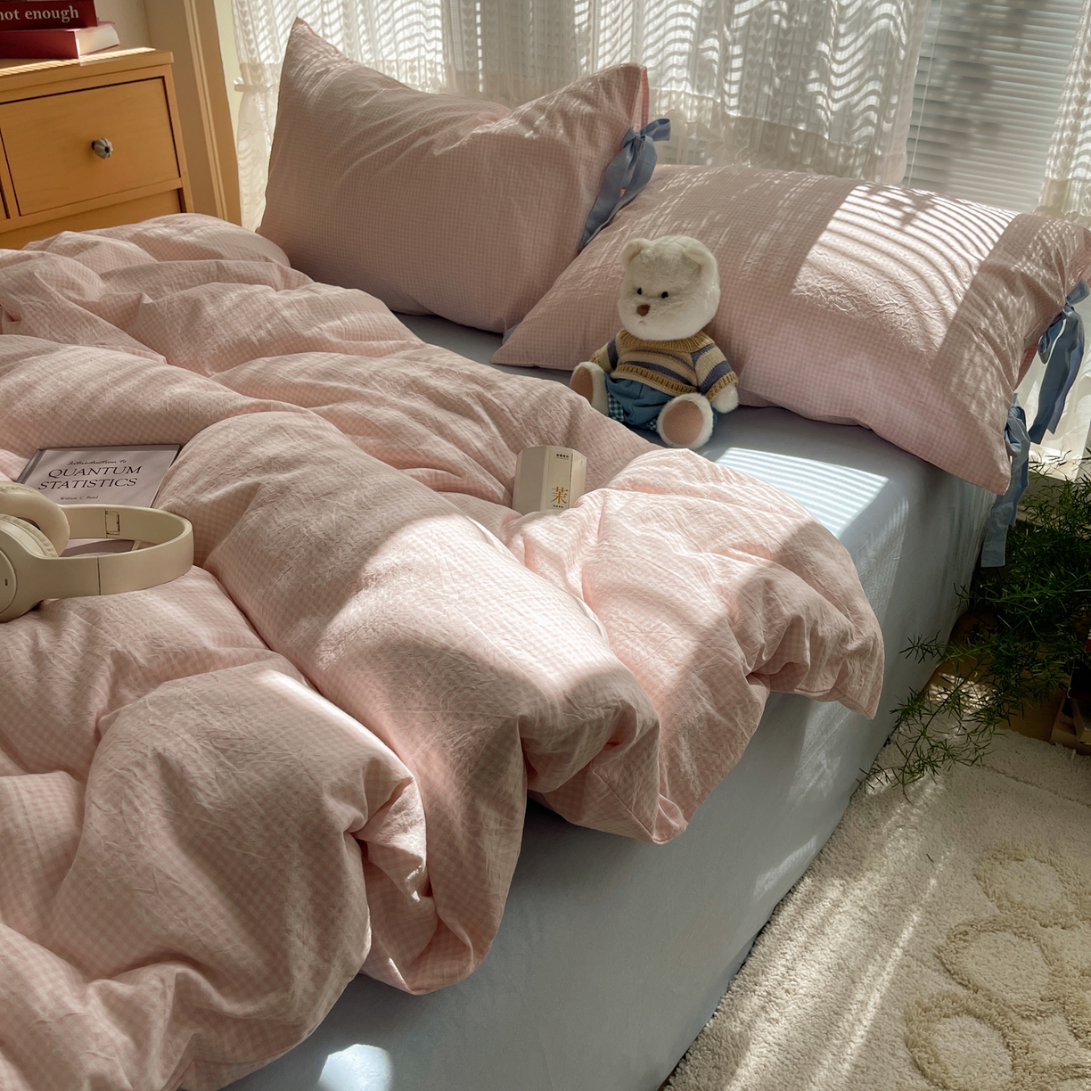 91家纺网 家纺一手货源 找家纺 繁花家居 2025新款超软少女手札系列学生季三件套四件套 少女-粉格+海盐蓝