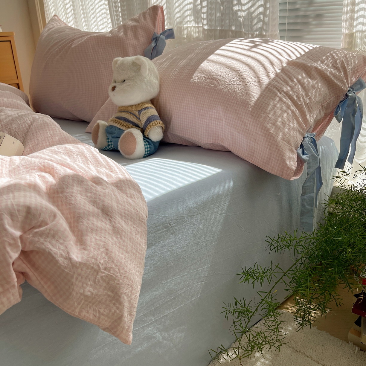 91家纺网 家纺一手货源 找家纺 繁花家居 2025新款超软少女手札系列学生季三件套四件套 少女-粉格+海盐蓝