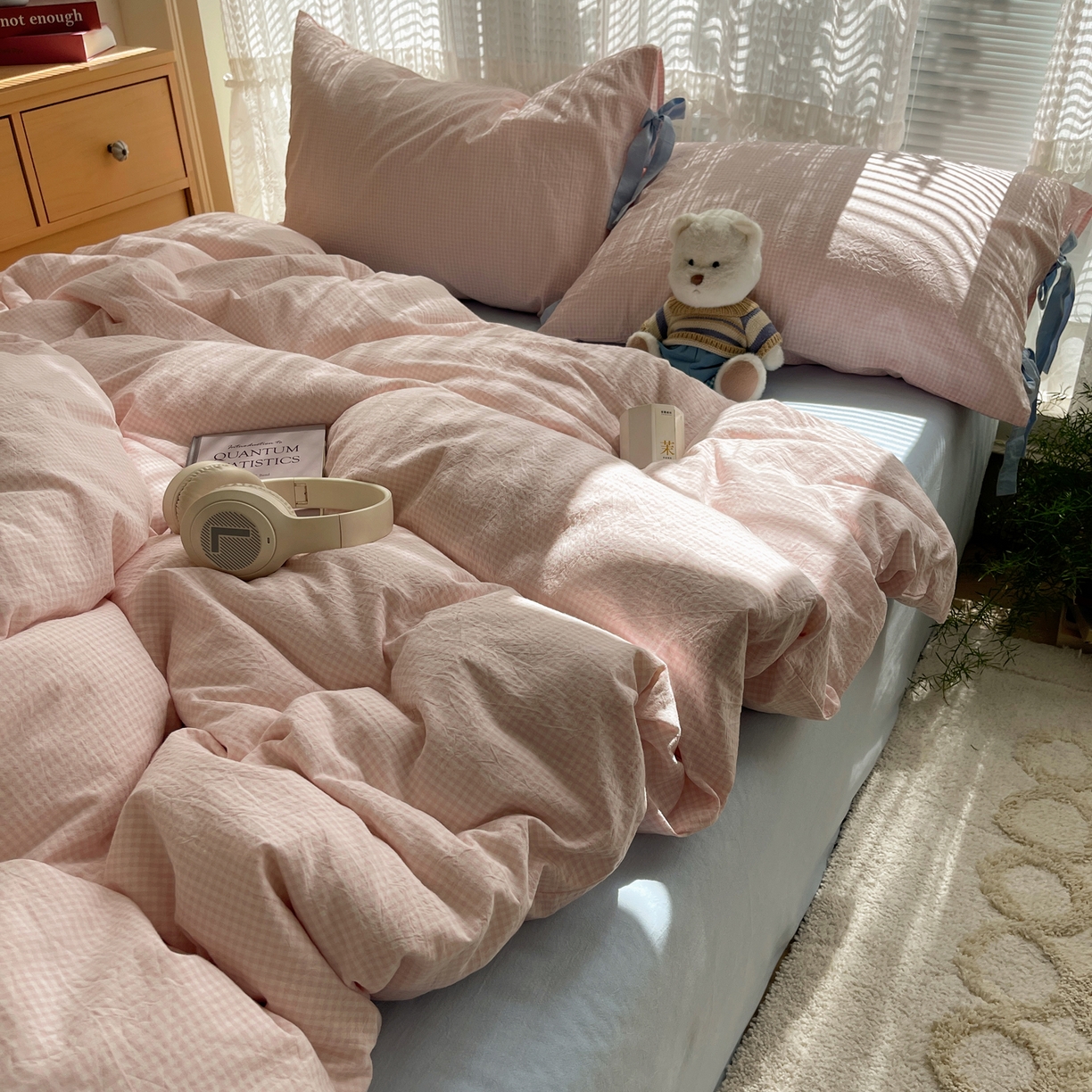 91家纺网 家纺一手货源 找家纺 繁花家居 2025新款超软少女手札系列学生季三件套四件套 少女-粉格+海盐蓝