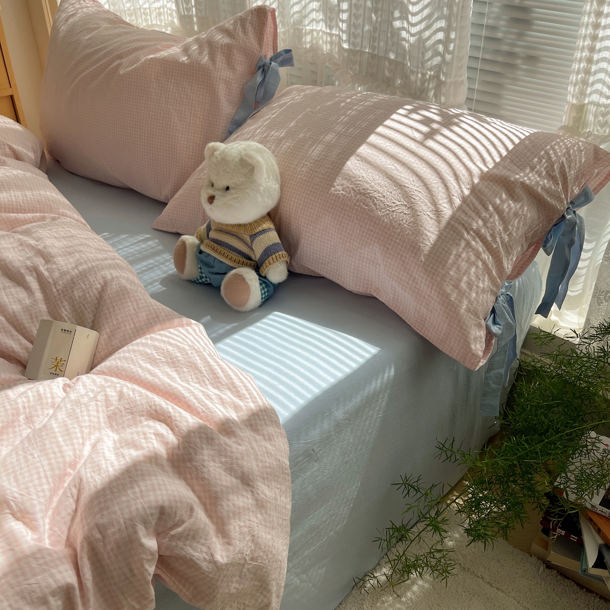 91家纺网 家纺一手货源 找家纺 繁花家居 2025新款超软少女手札系列学生季三件套四件套 少女-粉格+海盐蓝