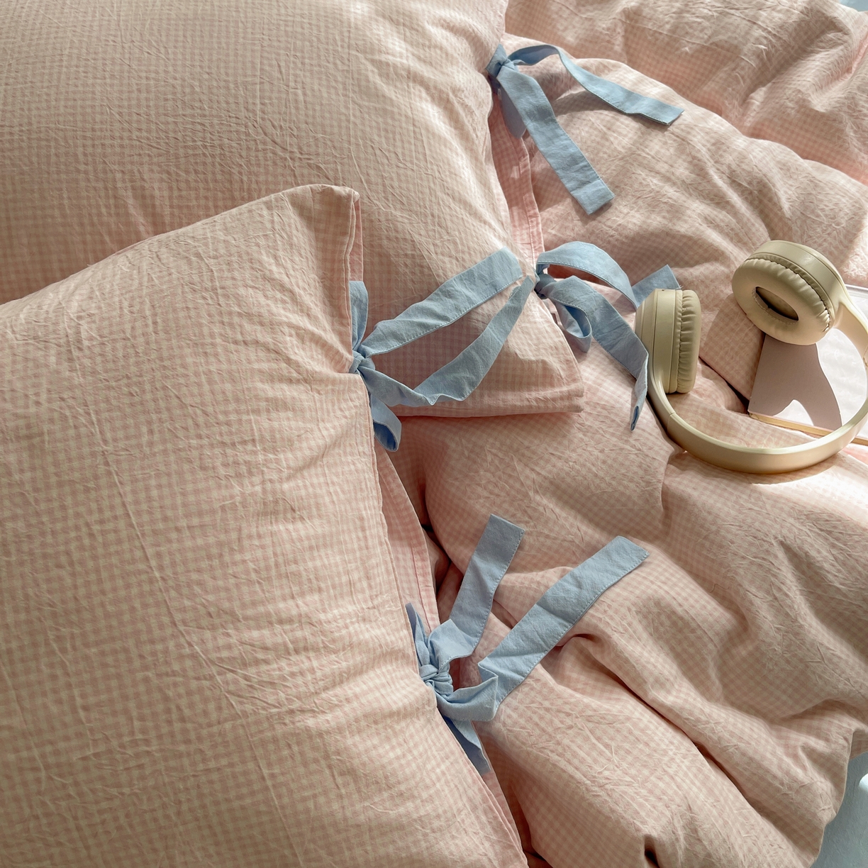 91家纺网 家纺一手货源 找家纺 繁花家居 2025新款超软少女手札系列学生季三件套四件套 少女-粉格+海盐蓝