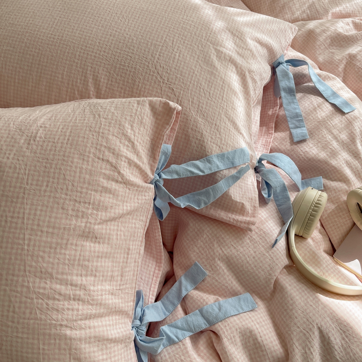 91家纺网 家纺一手货源 找家纺 繁花家居 2025新款超软少女手札系列学生季三件套四件套 少女-粉格+海盐蓝