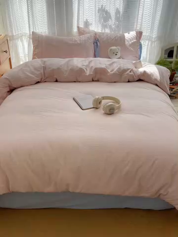 91家纺网 家纺一手货源 找家纺 繁花家居 2025新款超软少女手札系列学生季三件套四件套 少女-粉格+海盐蓝