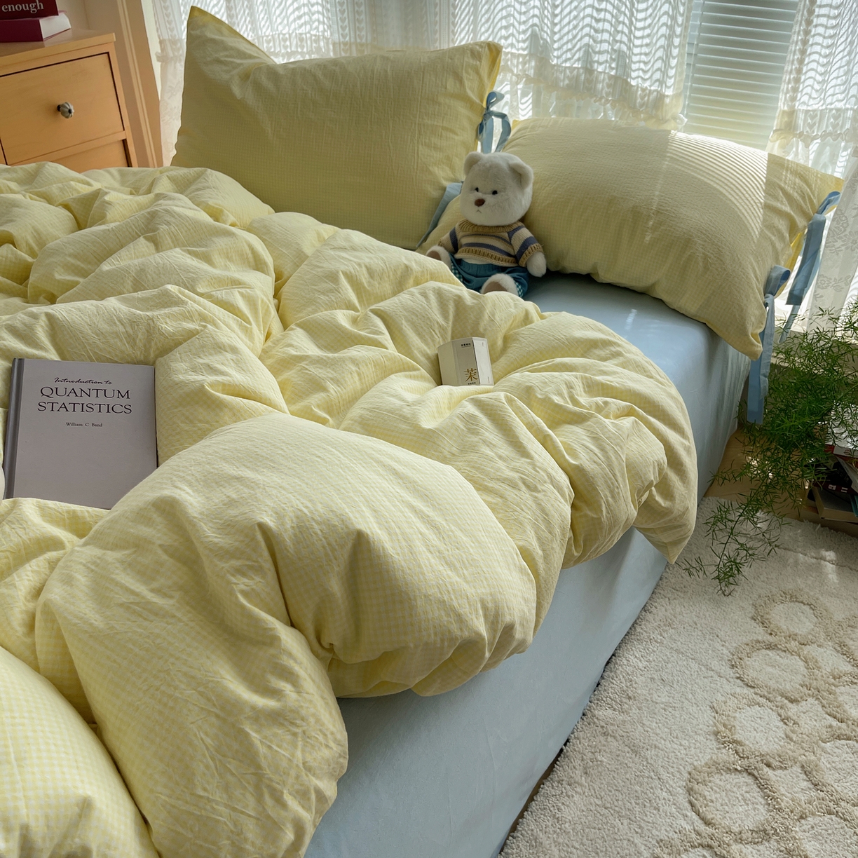 91家纺网 家纺一手货源 找家纺 繁花家居 2025新款超软少女手札系列学生季三件套四件套 少女-黄格+海盐蓝