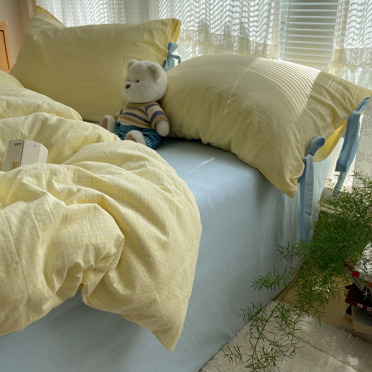 91家纺网 家纺一手货源 找家纺 繁花家居 2025新款超软少女手札系列学生季三件套四件套 少女-黄格+海盐蓝