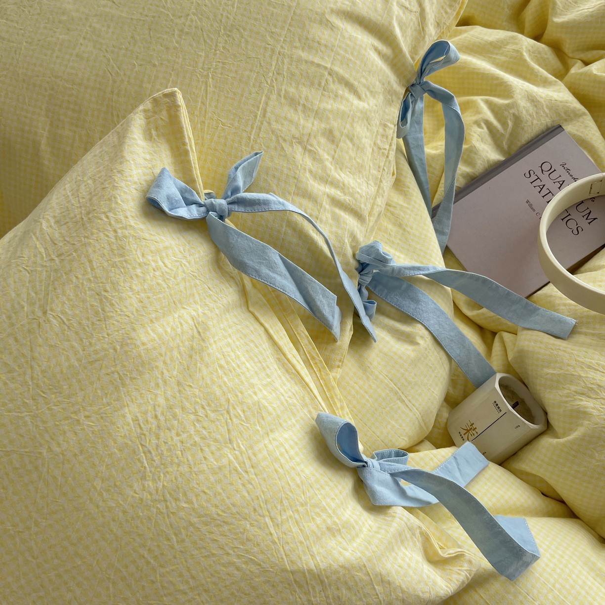 91家纺网 家纺一手货源 找家纺 繁花家居 2025新款超软少女手札系列学生季三件套四件套 少女-黄格+海盐蓝