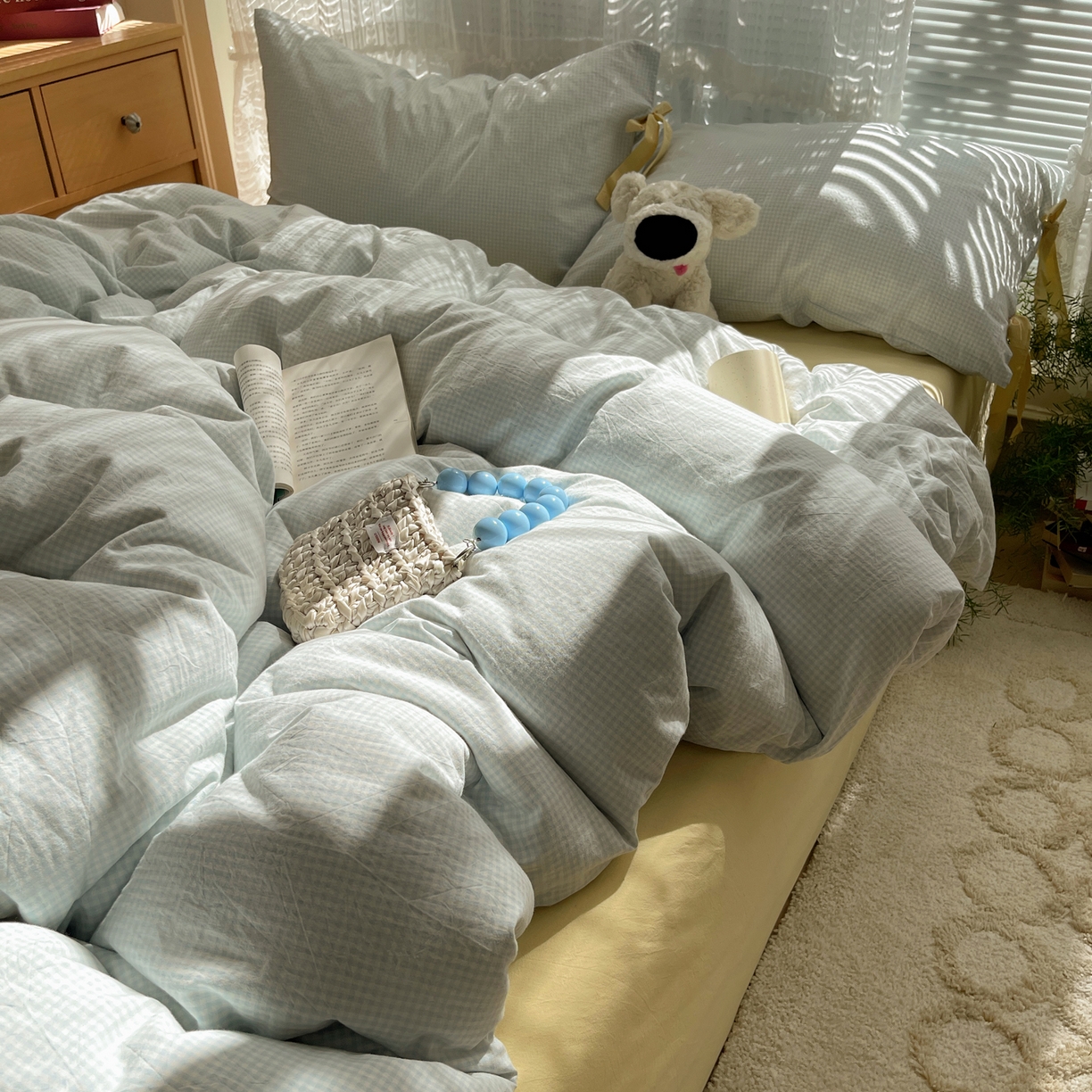 91家纺网 家纺一手货源 找家纺 繁花家居 2025新款超软少女手札系列学生季三件套四件套 少女-蓝格+奶油黄