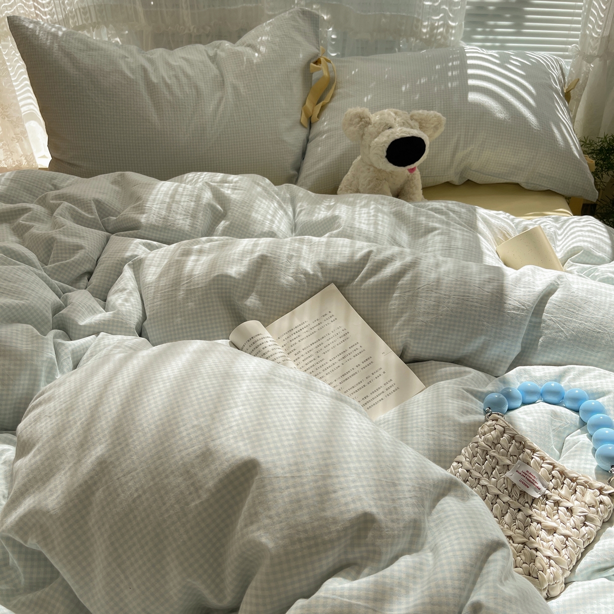 91家纺网 家纺一手货源 找家纺 繁花家居 2025新款超软少女手札系列学生季三件套四件套 少女-蓝格+奶油黄