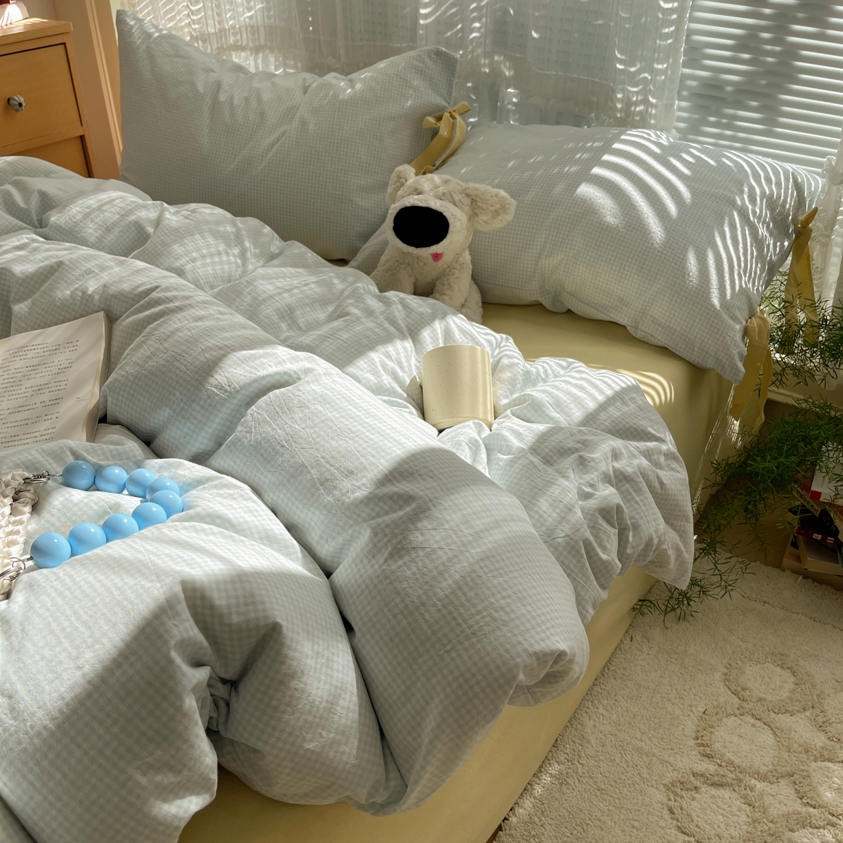 91家纺网 家纺一手货源 找家纺 繁花家居 2025新款超软少女手札系列学生季三件套四件套 少女-蓝格+奶油黄