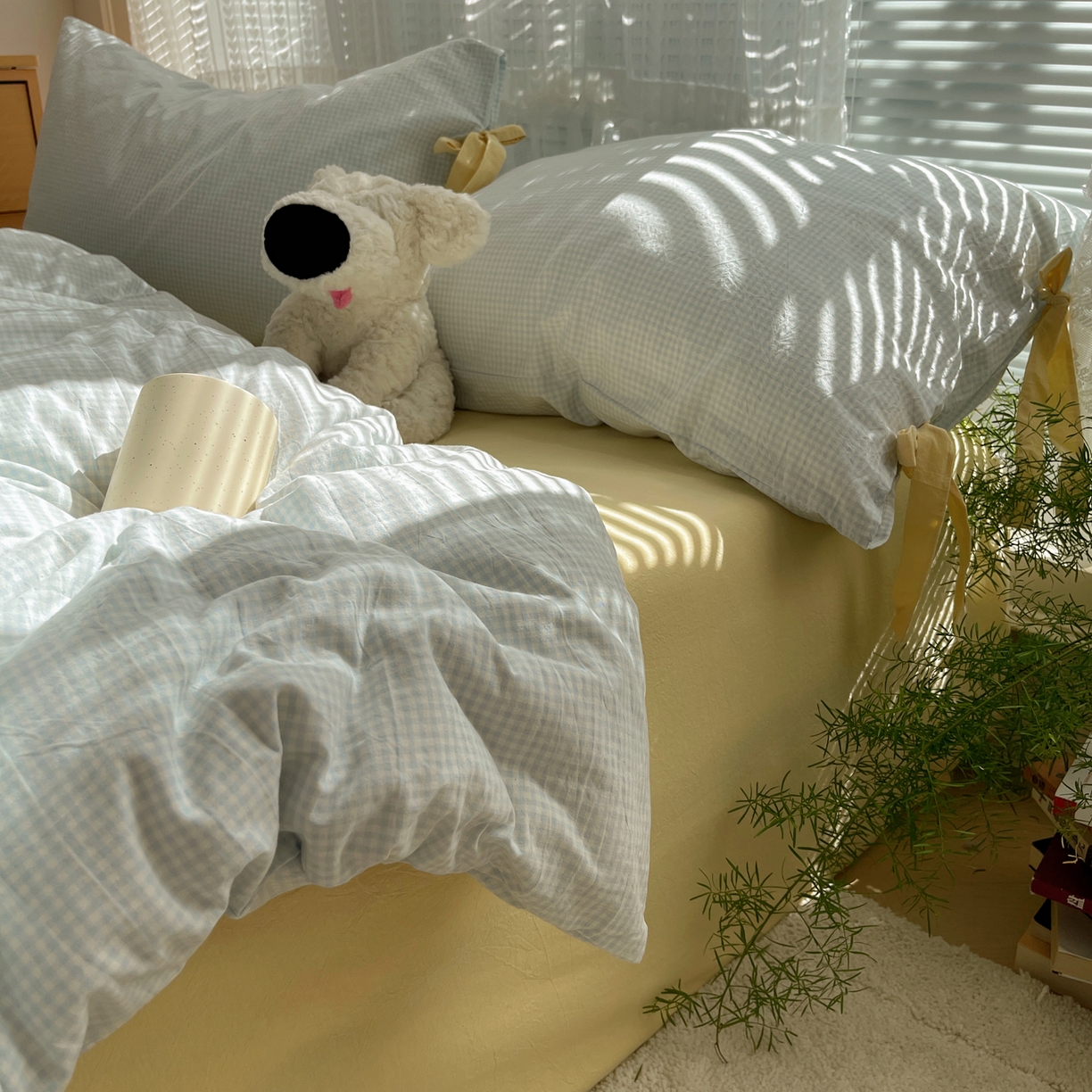 91家纺网 家纺一手货源 找家纺 繁花家居 2025新款超软少女手札系列学生季三件套四件套 少女-蓝格+奶油黄