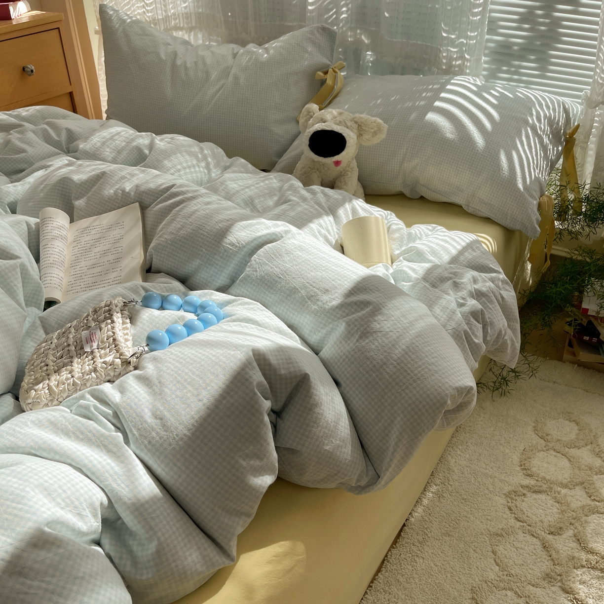 91家纺网 家纺一手货源 找家纺 繁花家居 2025新款超软少女手札系列学生季三件套四件套 少女-蓝格+奶油黄