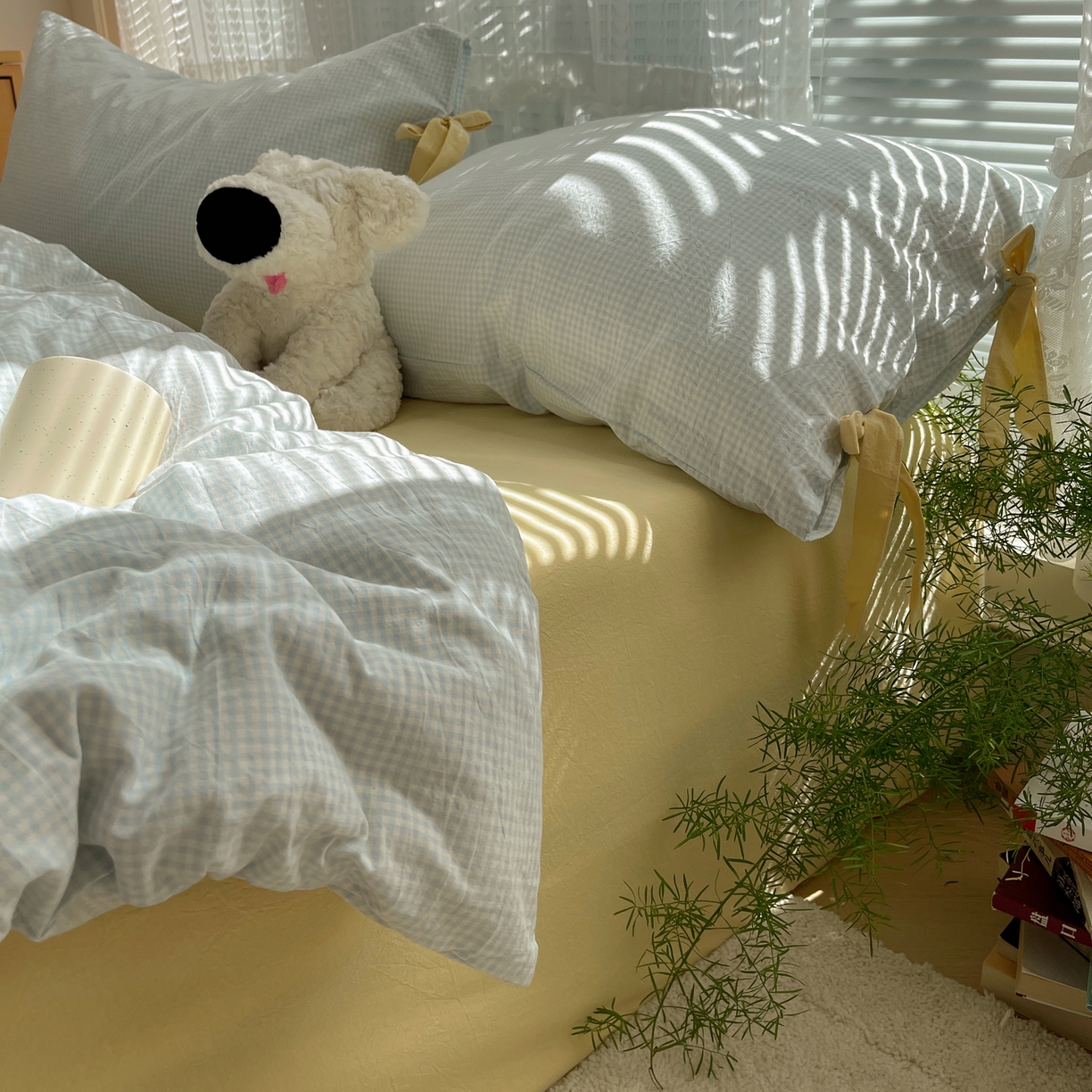 91家纺网 家纺一手货源 找家纺 繁花家居 2025新款超软少女手札系列学生季三件套四件套 少女-蓝格+奶油黄