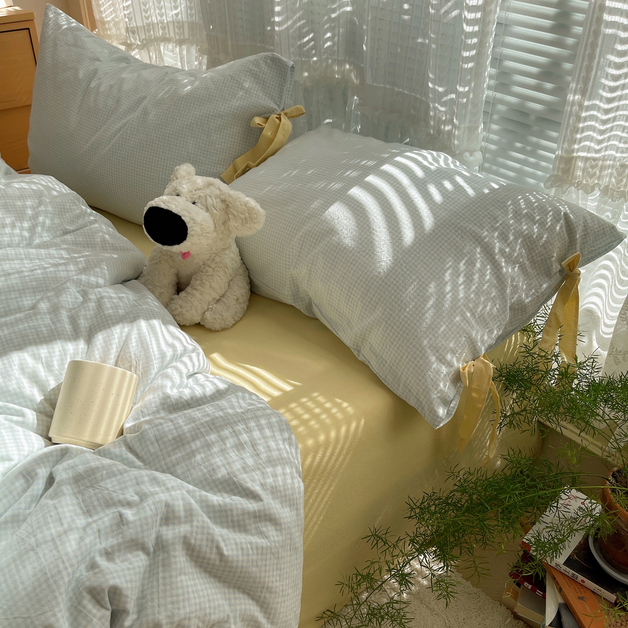 91家纺网 家纺一手货源 找家纺 繁花家居 2025新款超软少女手札系列学生季三件套四件套 少女-蓝格+奶油黄