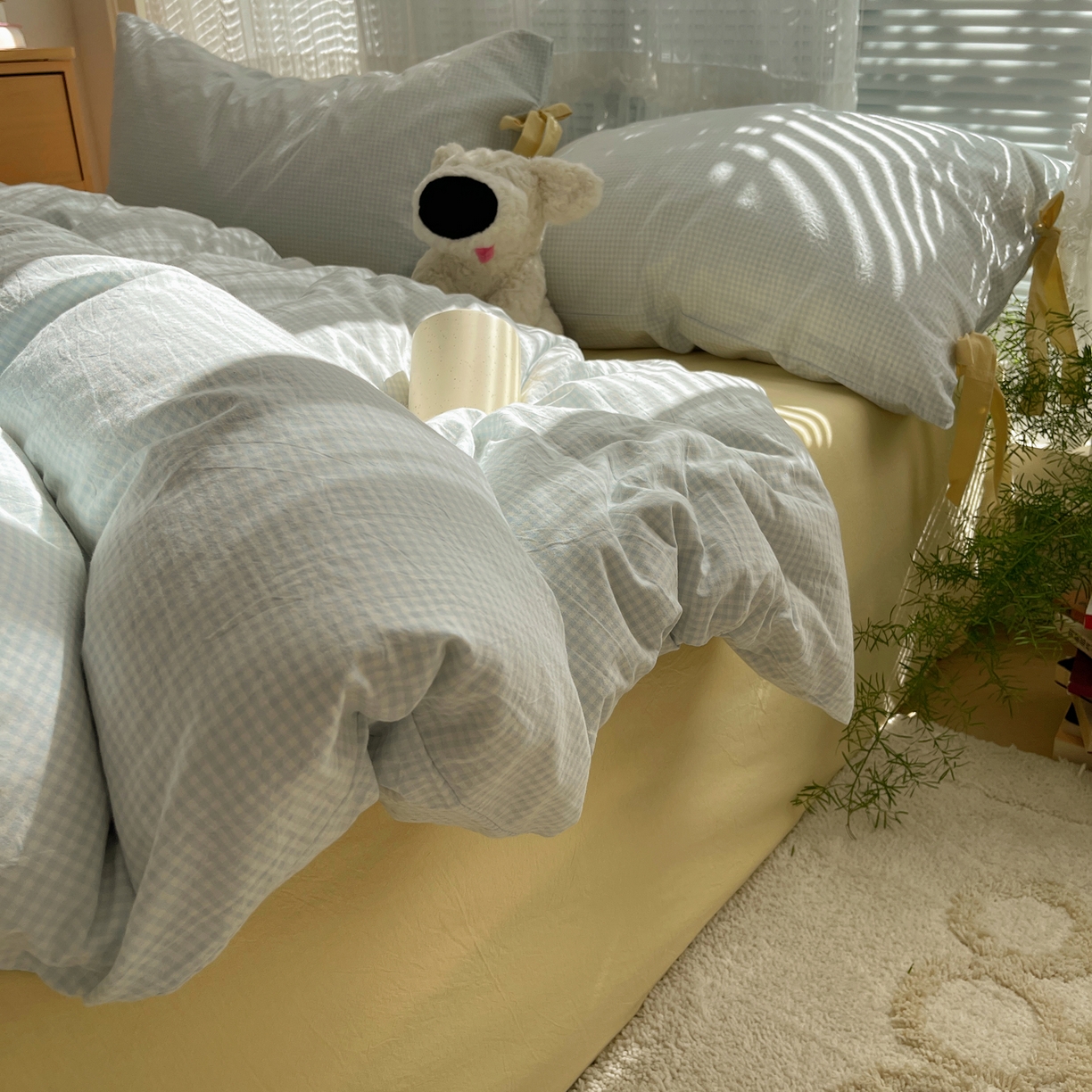 91家纺网 家纺一手货源 找家纺 繁花家居 2025新款超软少女手札系列学生季三件套四件套 少女-蓝格+奶油黄