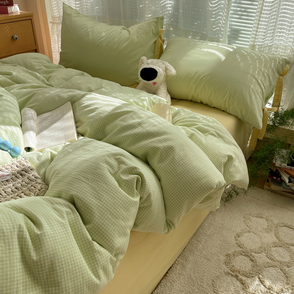 91家纺网 家纺一手货源 找家纺 繁花家居 2025新款超软少女手札系列学生季三件套四件套 少女-绿格+奶油黄