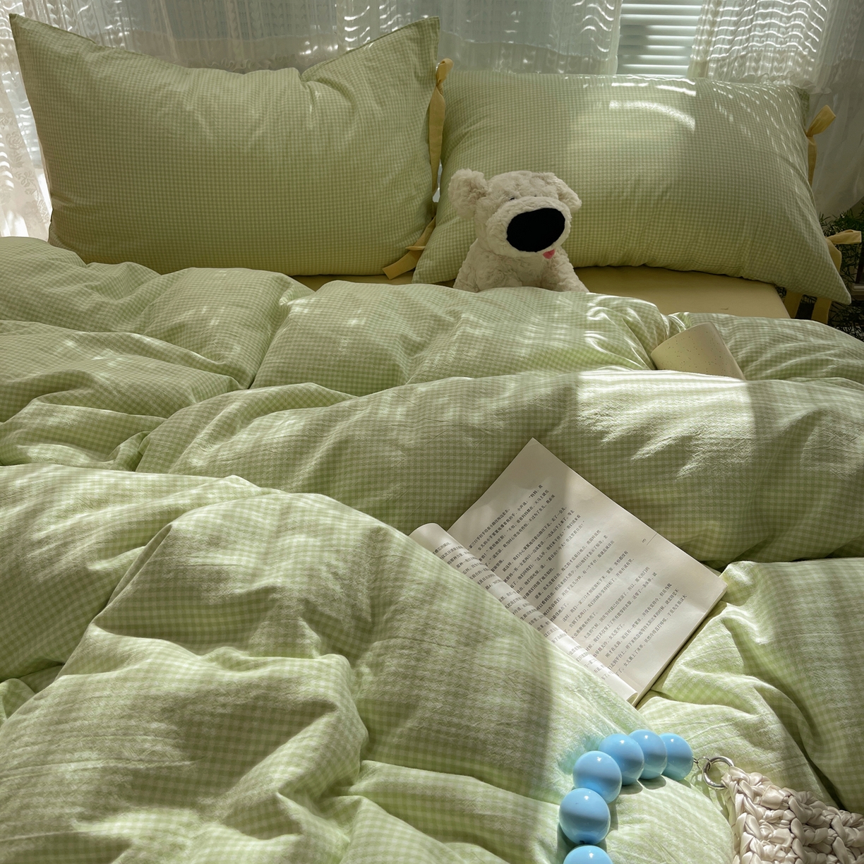 91家纺网 家纺一手货源 找家纺 繁花家居 2025新款超软少女手札系列学生季三件套四件套 少女-绿格+奶油黄