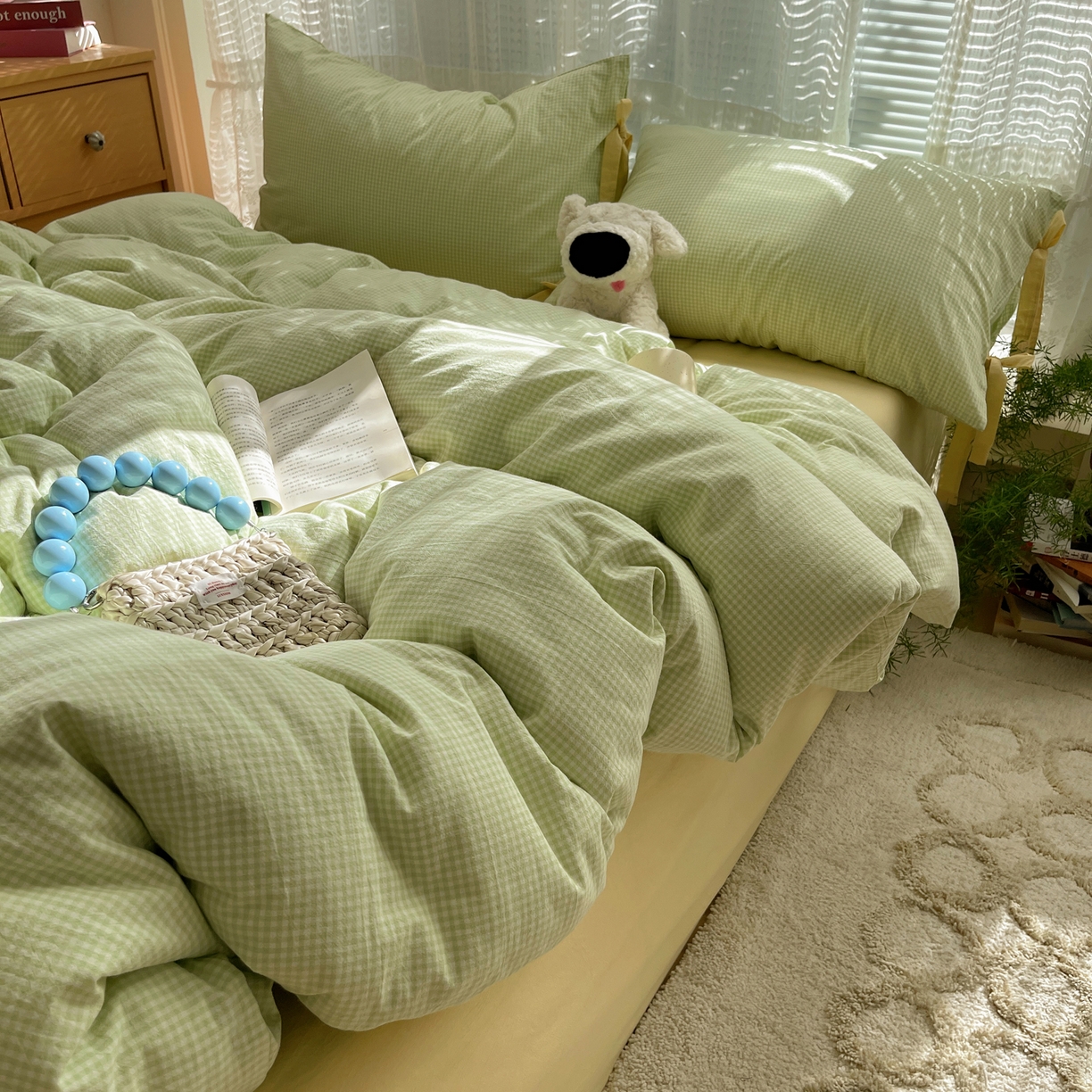 91家纺网 家纺一手货源 找家纺 繁花家居 2025新款超软少女手札系列学生季三件套四件套 少女-绿格+奶油黄