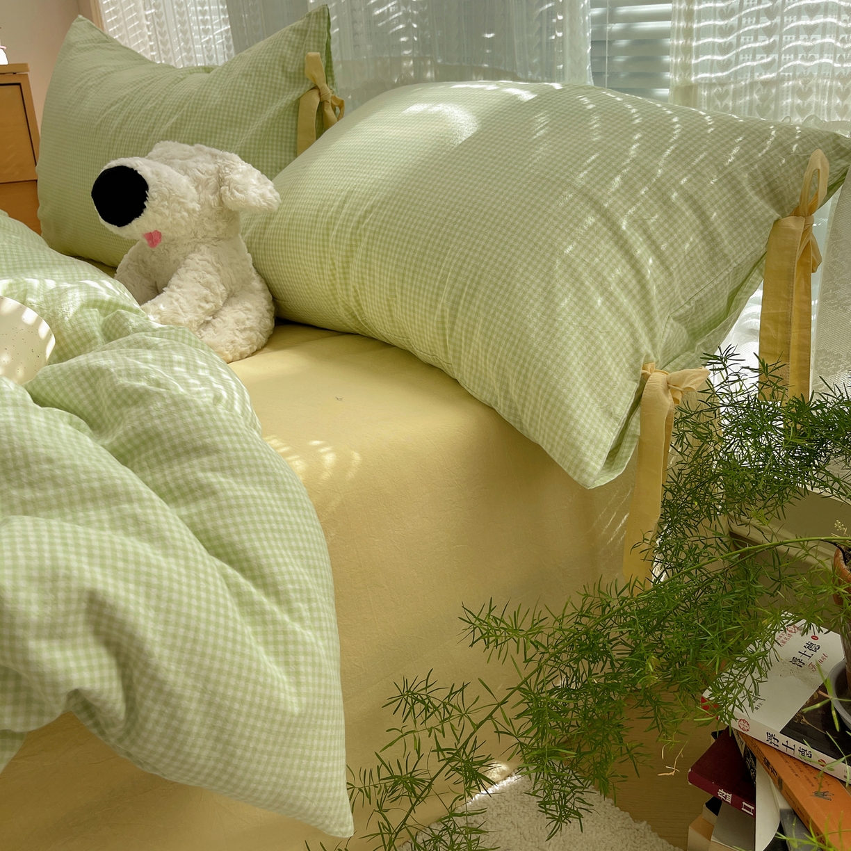 91家纺网 家纺一手货源 找家纺 繁花家居 2025新款超软少女手札系列学生季三件套四件套 少女-绿格+奶油黄